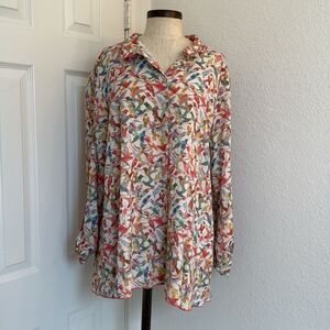 John Mark Multicolor Bird Print Button-Up Blouse - White Base